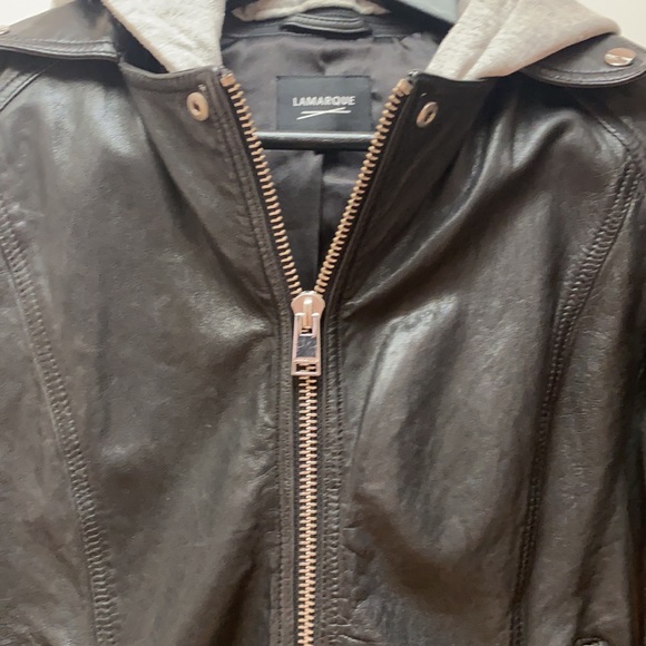 Lamarque leather jacket with grey hood insert - Picture 2 of 7
